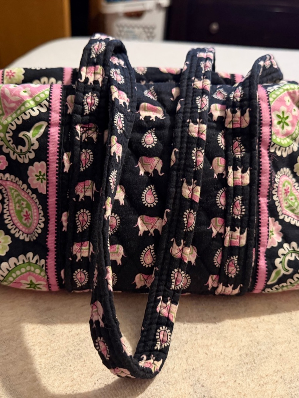 Quilted mini Black Tote Bag with Pink & Green Paisley Elephant Print